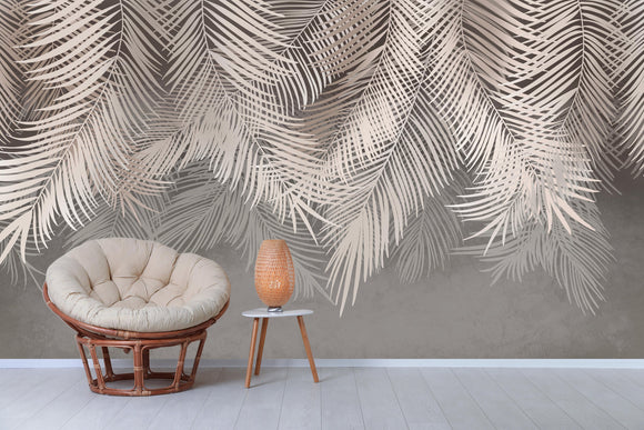 Tropical leaves self adhesive wall mural, large nature peel and stick wallpaper, accentual grey white wallcovering, removable wallpaper