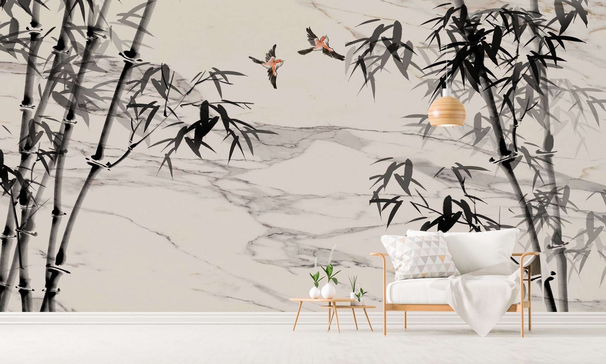 Botanical self adhesive wallpaper, peel stick wall mural with bamboo, accentual asial style wallcovering, removable black white wallpaper