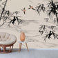 Botanical self adhesive wallpaper, peel stick wall mural with bamboo, accentual asial style wallcovering, removable black white wallpaper