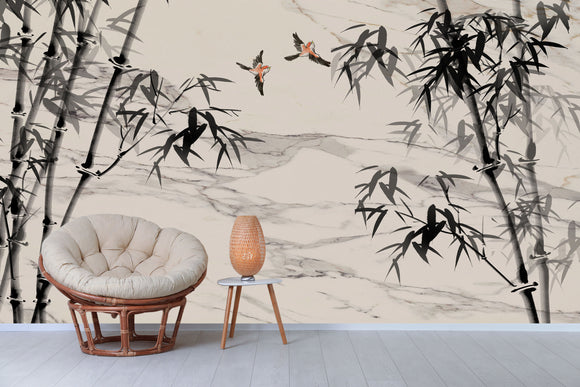 Botanical self adhesive wallpaper, peel stick wall mural with bamboo, accentual asial style wallcovering, removable black white wallpaper