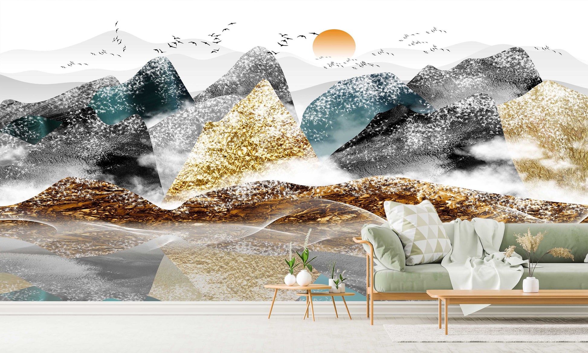 Abstract mountains wall decal, large peel and stick landscape wallpaper, black gold self adhesive wall mural, accentual Japanese wallpaper