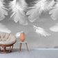 Large feathers peel and stick wall mural, self adhesive white grey wallpaper, accentual abstract wallcovering, removable canvas wallpaper