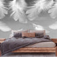 Large feathers peel and stick wall mural, self adhesive white grey wallpaper, accentual abstract wallcovering, removable canvas wallpaper