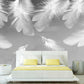 Large feathers peel and stick wall mural, self adhesive white grey wallpaper, accentual abstract wallcovering, removable canvas wallpaper