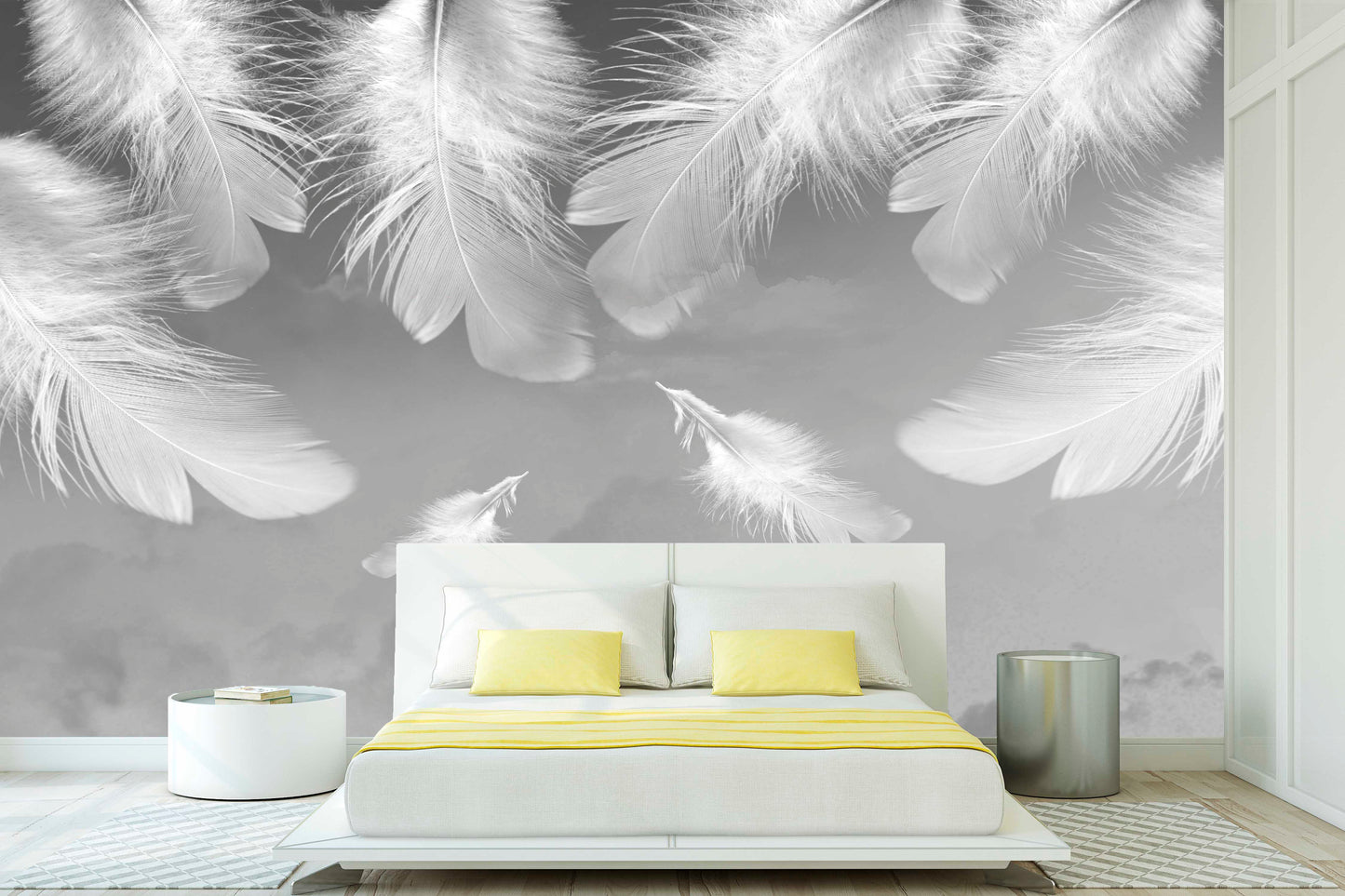 Large feathers peel and stick wall mural, self adhesive white grey wallpaper, accentual abstract wallcovering, removable canvas wallpaper