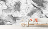 Abstract peel and stick wallpaper, self adhesive marble wall nural, large feathers wallcovering, removable black white canvas wallpaper