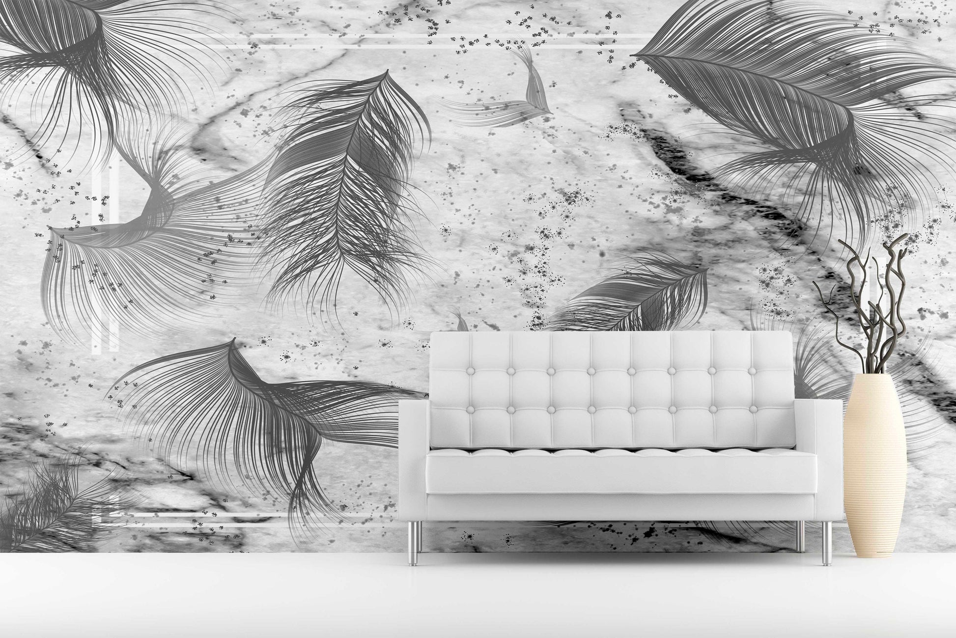 Abstract peel and stick wallpaper, self adhesive marble wall nural, large feathers wallcovering, removable black white canvas wallpaper