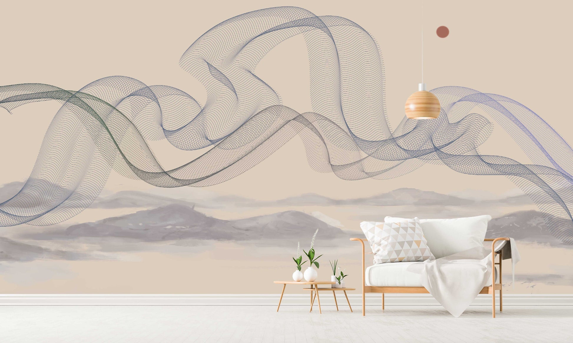 Extra large abstract wave peel stick wall mural, self adhesive beige wallpaper, accentual bedroom wallpaper, modern landscape wall mural