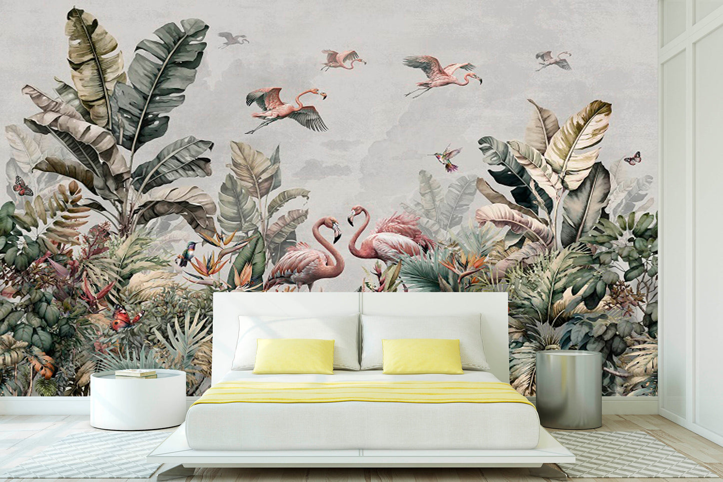 Large tropical self adhesive wall mural, beel and stick botanical wallpaper, accentual flamingo wallcovering, banana leaf canvas wallpaper