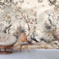 Botanical self adhesive wallpaper, peel and stick wall mural with peacocks, large accentual nature wallpaper, removable canvas wall mural