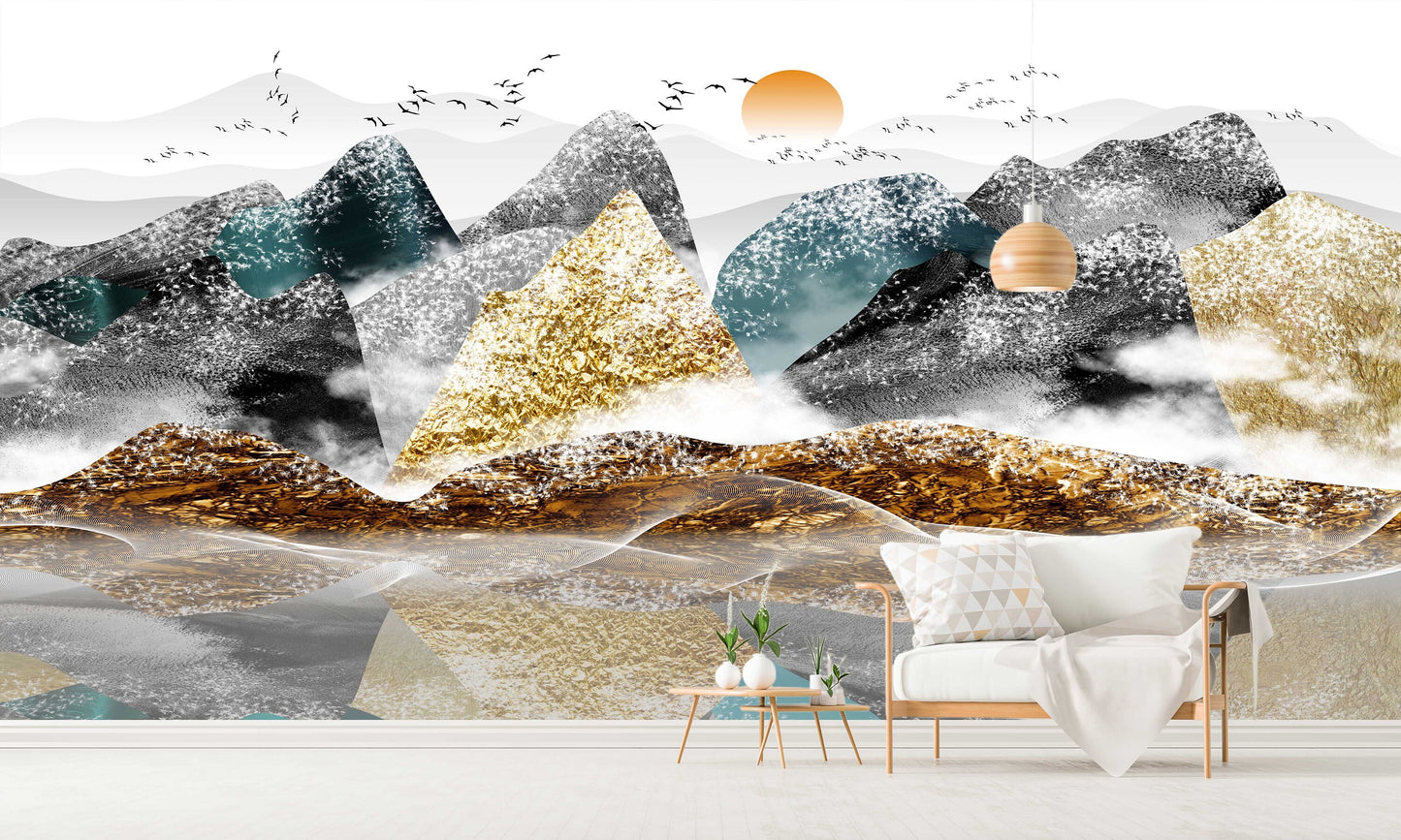 Abstract mountains wall decal, large peel and stick landscape wallpaper, black gold self adhesive wall mural, accentual Japanese wallpaper