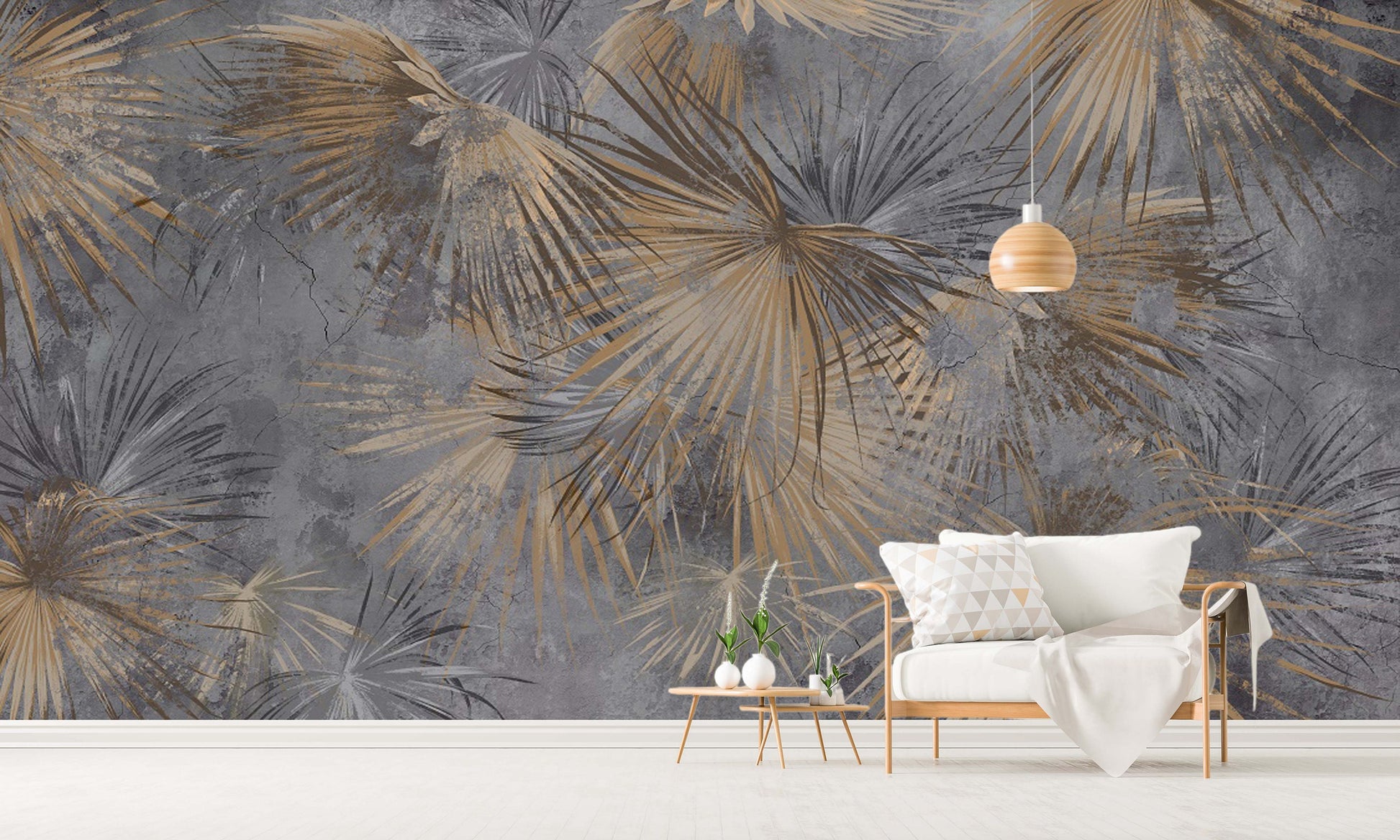 Leaves peel stick wallpaper, large abstract self adhesive wall mural, accentual botanical wallcovering, temporary tropical brown wallpaper