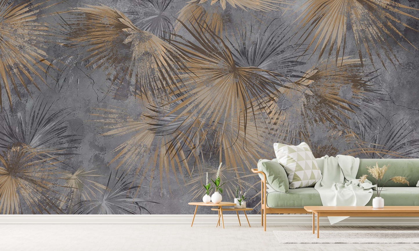 Leaves peel stick wallpaper, large abstract self adhesive wall mural, accentual botanical wallcovering, temporary tropical brown wallpaper