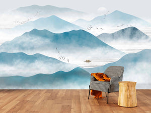 Smoky mountains self adhesive wall mural, peel and stick landscape wallpaper, temporary Japanese photo wallpaper, accentual blue wallpaper