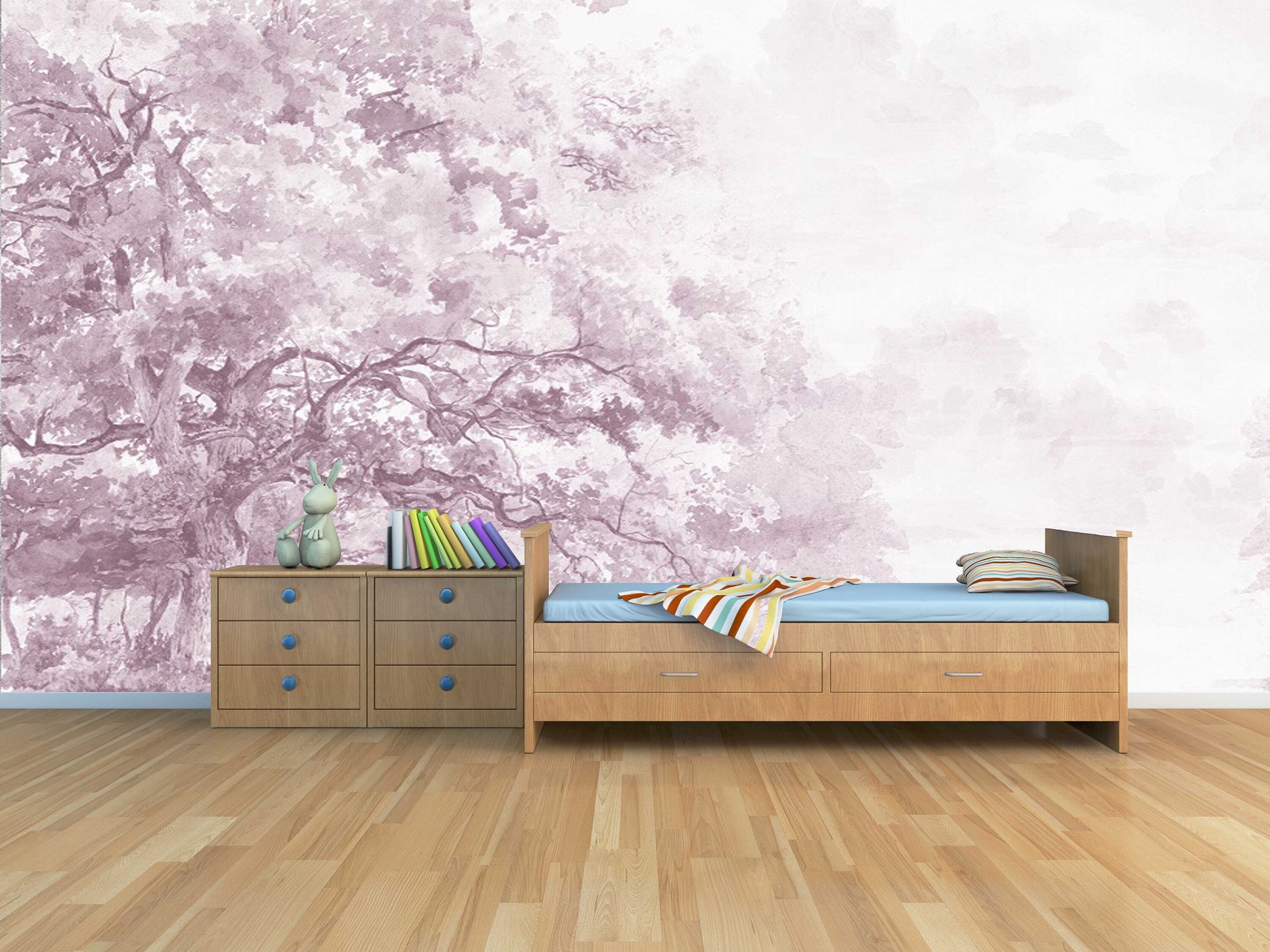 Purple tree self adhesive wallpaper, large peel and stick nature wall mural, removable botanical wallpaper, temporary canvas wallcovering