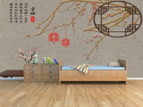 Extra large Japanese wallpaper, peel and stick Asian wall mural, self adhesive gray wallpaper with hieroglyphs, abstract oriental wall decal