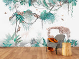 Tropical self adhesive wallpaper, animals peel and stick wall mural, accentual giraffe photo wallpaper, extra large leaves wallcovering
