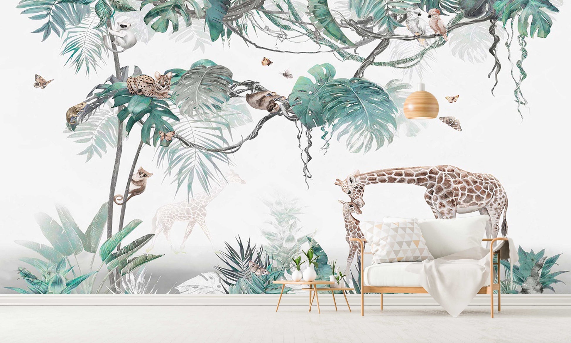 Tropical self adhesive wallpaper, animals peel and stick wall mural, accentual giraffe photo wallpaper, extra large leaves wallcovering