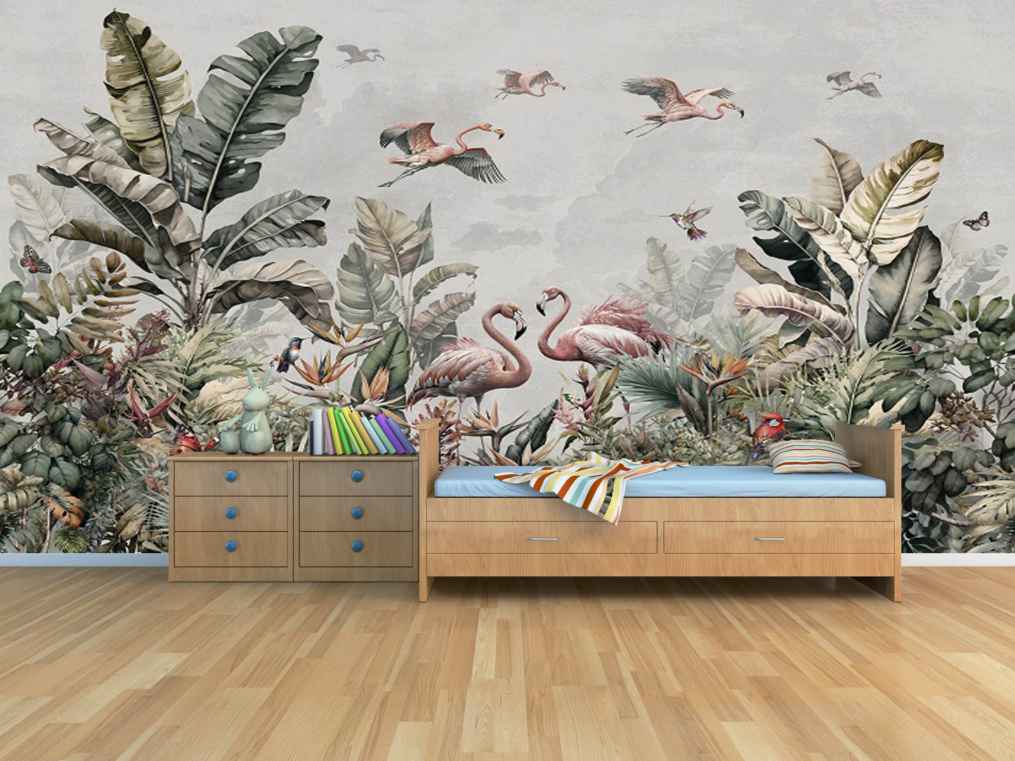 Large tropical self adhesive wall mural, beel and stick botanical wallpaper, accentual flamingo wallcovering, banana leaf canvas wallpaper