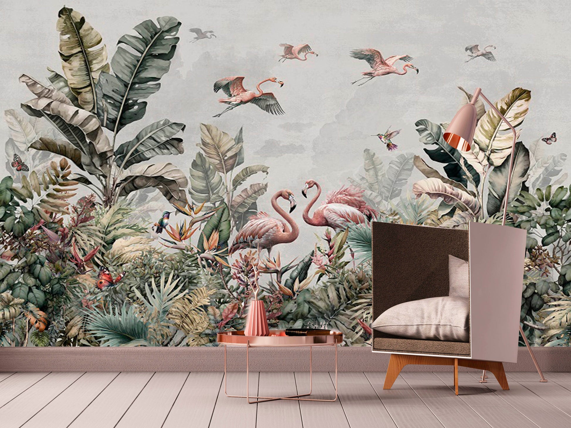 Large tropical self adhesive wall mural, beel and stick botanical wallpaper, accentual flamingo wallcovering, banana leaf canvas wallpaper