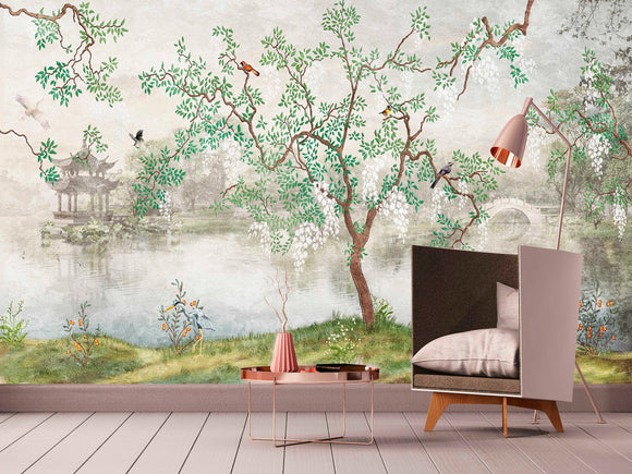 Large botanical peel and stick wallpaper, self adhesive Japanese wall mural, removable Asian canvas wallpaper, temporary nature wall mural