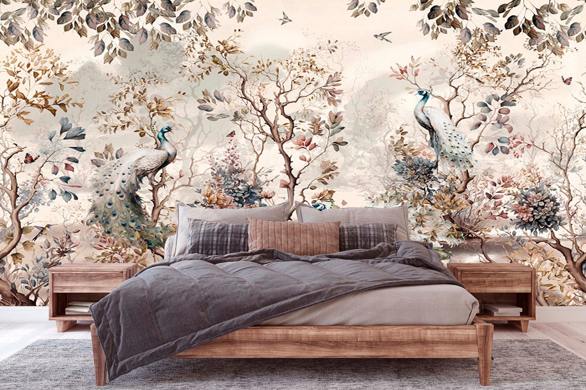 Botanical self adhesive wallpaper, peel and stick wall mural with peacocks, large accentual nature wallpaper, removable canvas wall mural