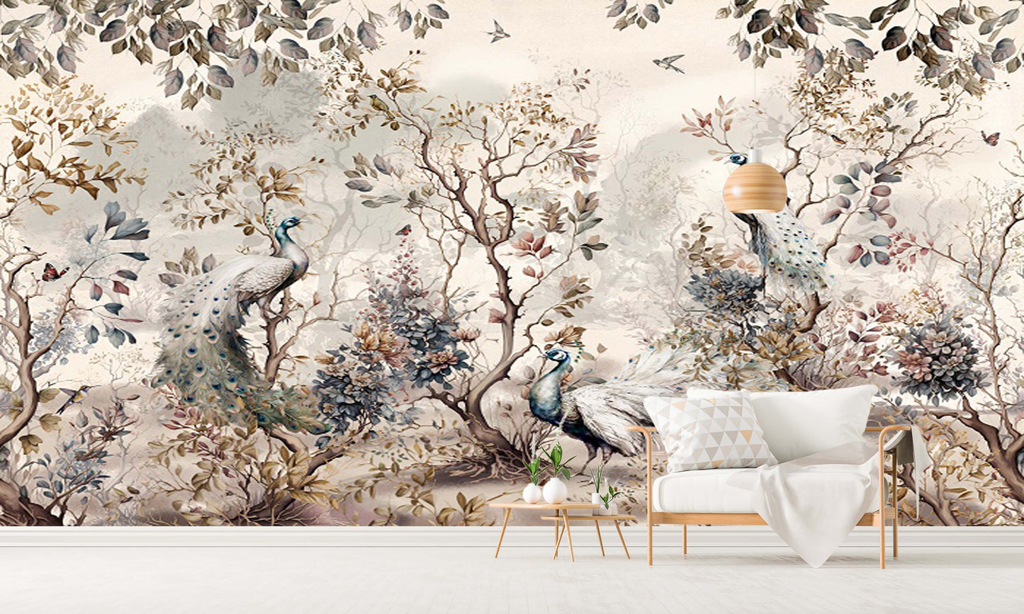 Botanical self adhesive wallpaper, peel and stick wall mural with peacocks, large accentual nature wallpaper, removable canvas wall mural
