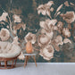 Extra large floral wallpaper, beige flowers self adhesive wall mural, dark floral peel and stick wallcovering, accentual canvas wallpaper
