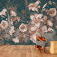 Extra large floral wallpaper, beige flowers self adhesive wall mural, dark floral peel and stick wallcovering, accentual canvas wallpaper