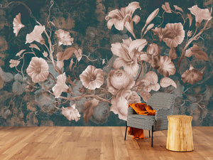 Extra large floral wallpaper, beige flowers self adhesive wall mural, dark floral peel and stick wallcovering, accentual canvas wallpaper