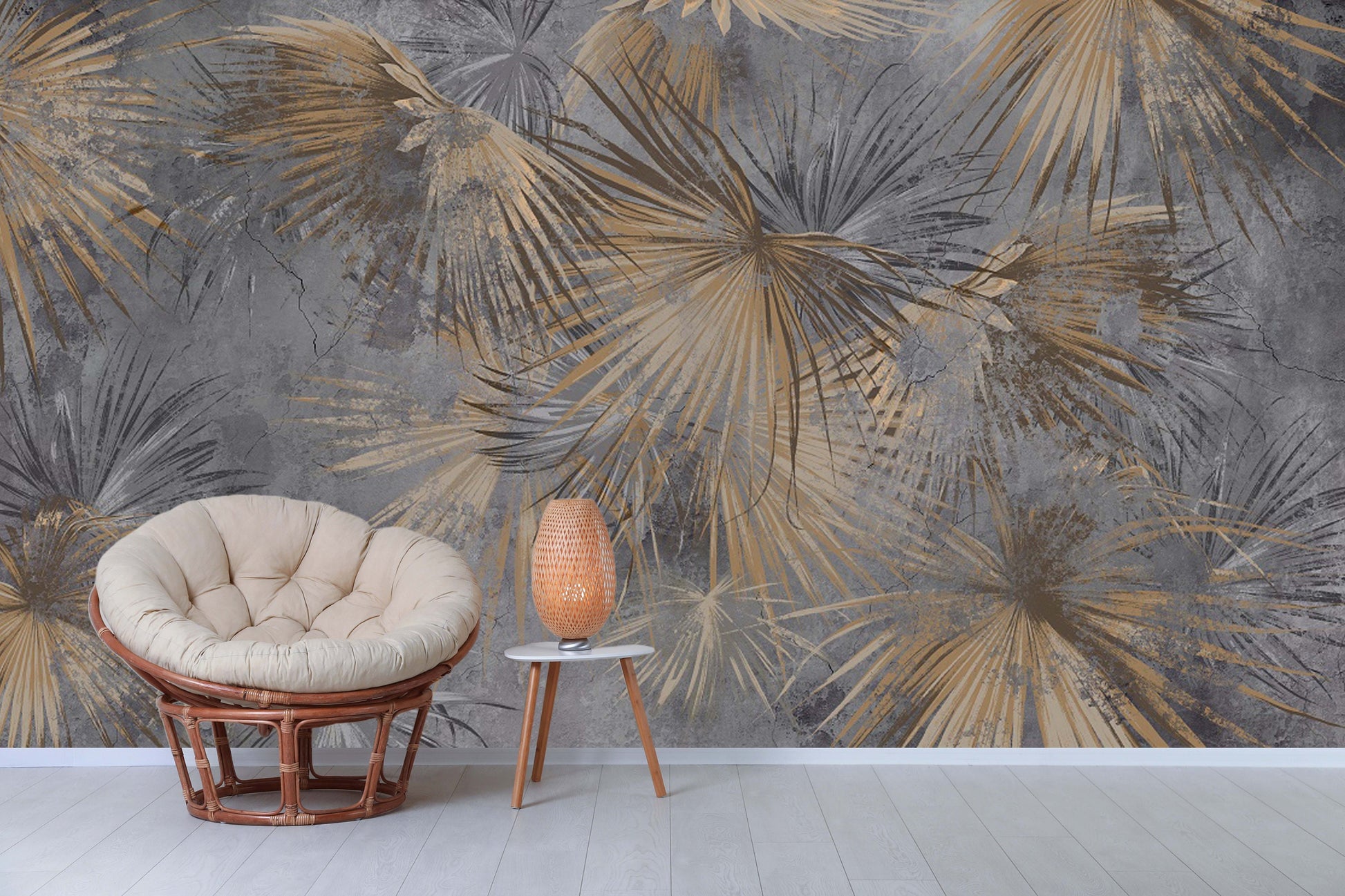 Leaves peel stick wallpaper, large abstract self adhesive wall mural, accentual botanical wallcovering, temporary tropical brown wallpaper