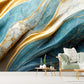 Abstract large peel and stick wall mural, self adhesive blue gold wallpaper, removable marble photo wallpaper, accentual wall decal