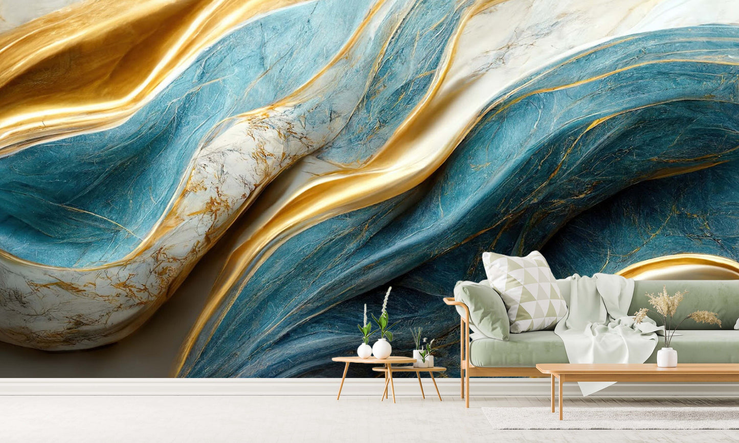 Abstract large peel and stick wall mural, self adhesive blue gold wallpaper, removable marble photo wallpaper, accentual wall decal