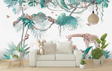 Tropical self adhesive wallpaper, animals peel and stick wall mural, accentual giraffe photo wallpaper, extra large leaves wallcovering