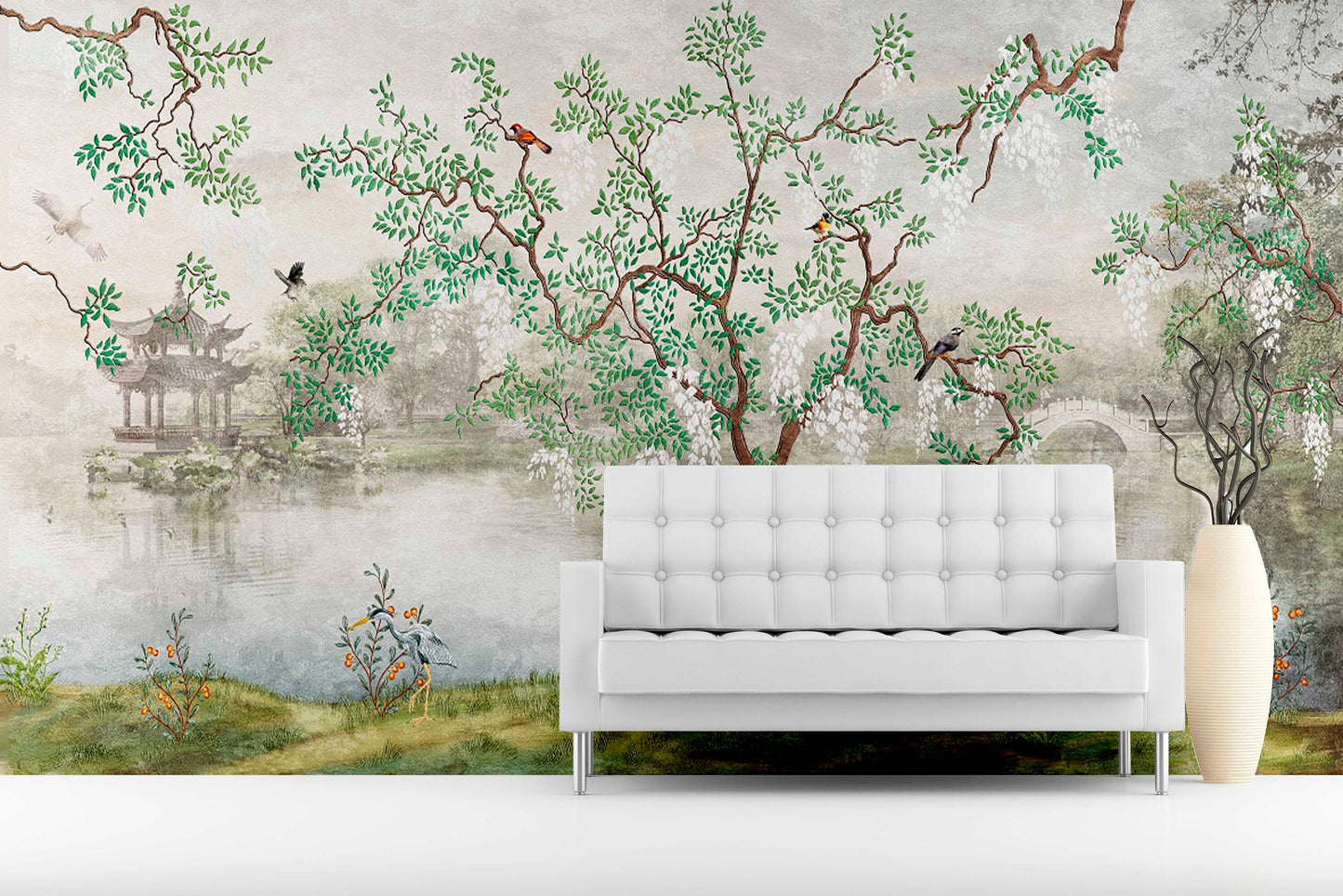 Large botanical peel and stick wallpaper, self adhesive Japanese wall mural, removable Asian canvas wallpaper, temporary nature wall mural