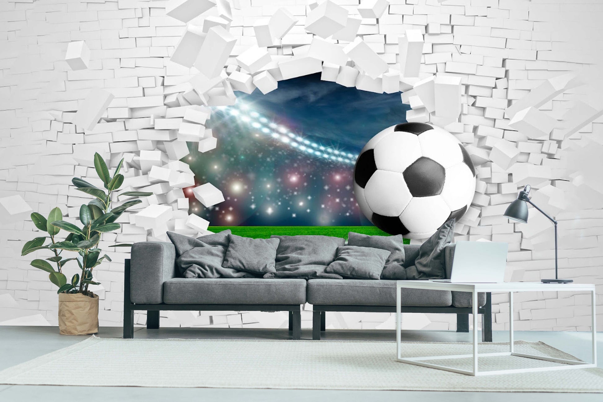 Sport peel stick wallpaper, extra large bricks wall mural, self adhesive 3d soccer ball wallpaper, acentual loft wallpaper, kids wallpaper