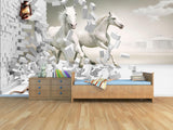 Extra large horses wallpaper, peel and stick animals wall mural, self adhesive 3d wallpaper, temporary white wallpaper, accentual wall decal