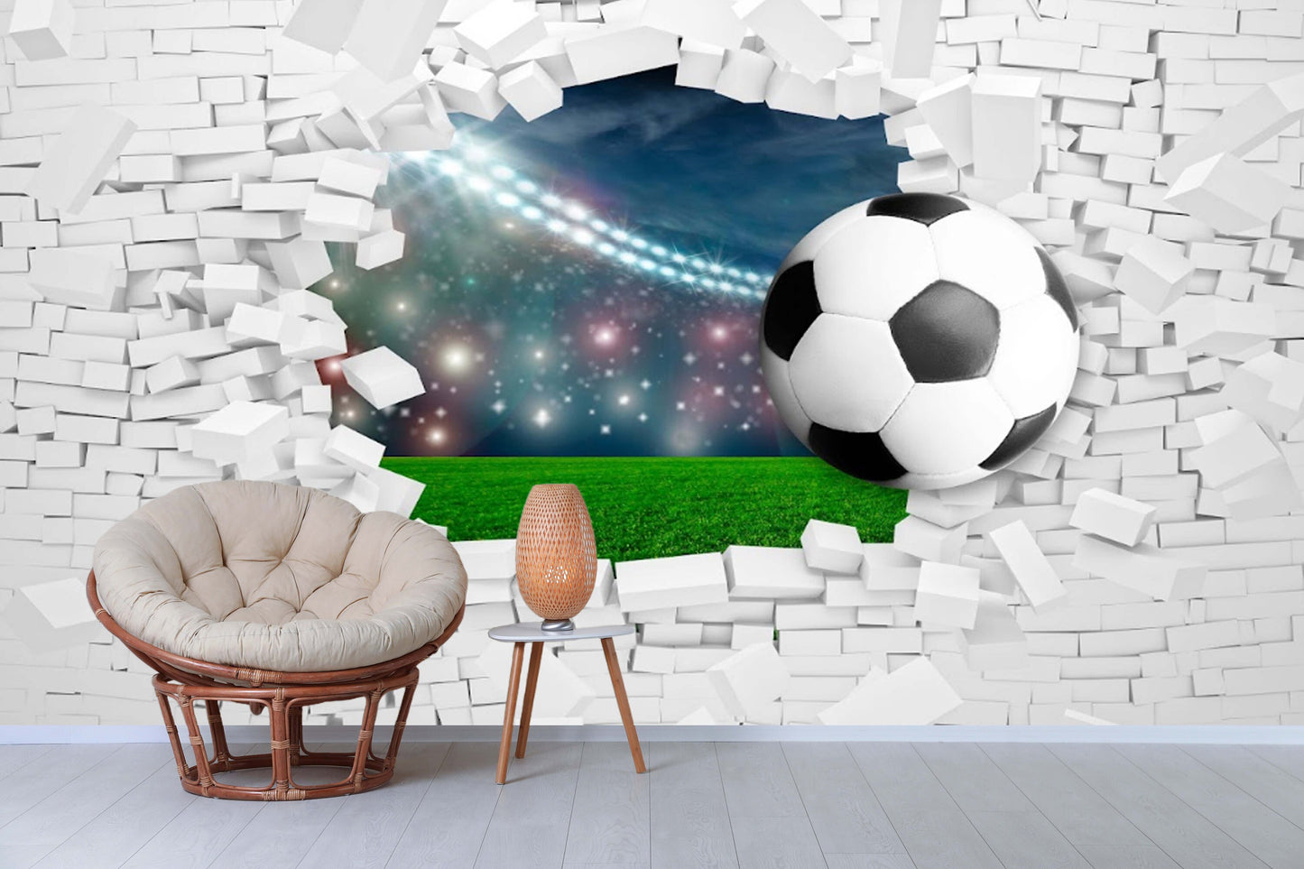 Sport peel stick wallpaper, extra large bricks wall mural, self adhesive 3d soccer ball wallpaper, acentual loft wallpaper, kids wallpaper