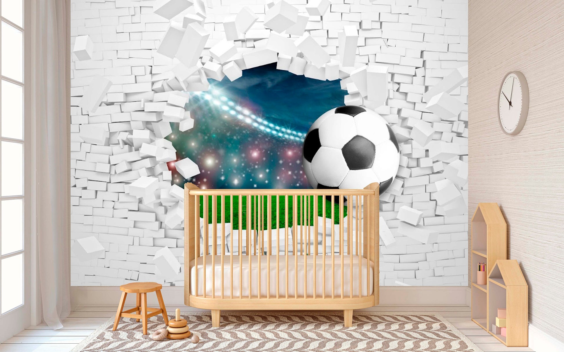 Sport peel stick wallpaper, extra large bricks wall mural, self adhesive 3d soccer ball wallpaper, acentual loft wallpaper, kids wallpaper