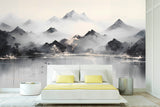 Smoky mountains self adhesive wallpaper, extra large landscape wall mural, astract peel and stick wallpaper, temporary white black mural