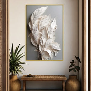 3d feathers canvas print, framed volumetrical wall art, white feathers artwork, large modern wall art, floater frame living room wall art