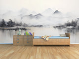 Extra large mountains wallpaper, self adhesive black white wall mural, peel and stick landscape wallpaper, temporary nature wallcovering