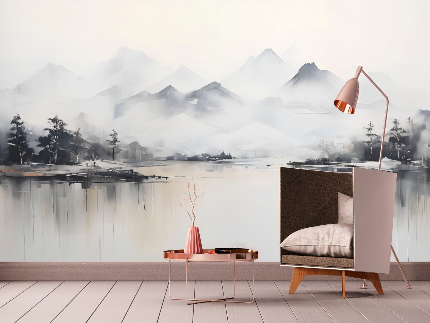 Extra large mountains wallpaper, self adhesive black white wall mural, peel and stick landscape wallpaper, temporary nature wallcovering