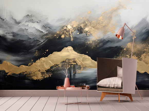 Abstract peel and stick wallpaper, black gold self adhesive wall mural, extra large accentual wallpaper, modern removable bedroom wall mural