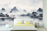 Extra large foggy mountains wallpaper, self adhesive black white wall mural, accentual landscape peel stick wallpaper, abstract wallpaper