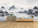 Extra large foggy mountains wallpaper, self adhesive black white wall mural, accentual landscape peel stick wallpaper, abstract wallpaper