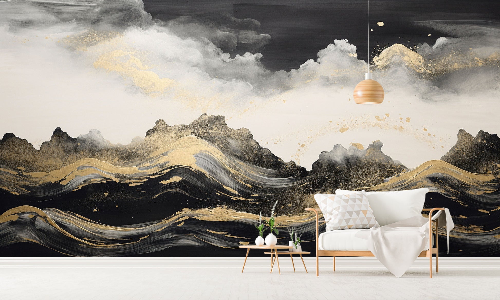 Abstract waves wallpaper, self adhesive black gold wall mural, dark peel and stick wallpaper, removable seascape wallpaper, accentual mural